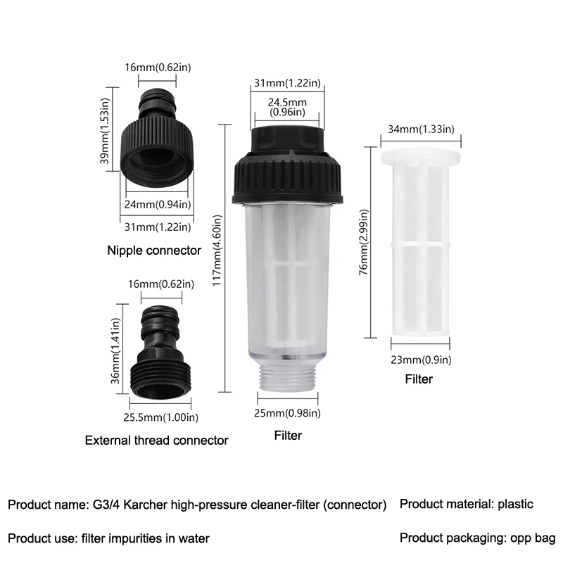 

High Pressure Washer Water Filter Compatible with K2 K3 K4 K5 K6 K7 G3/4' 175psi Car Pressure Washer Accessories