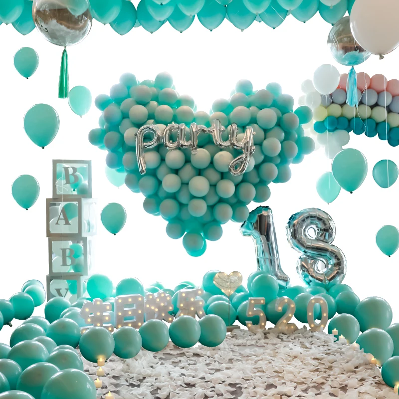 

Blue birthday scene arrangement girls boys party romantic boyfriend and girlfriend background wall theme balloon