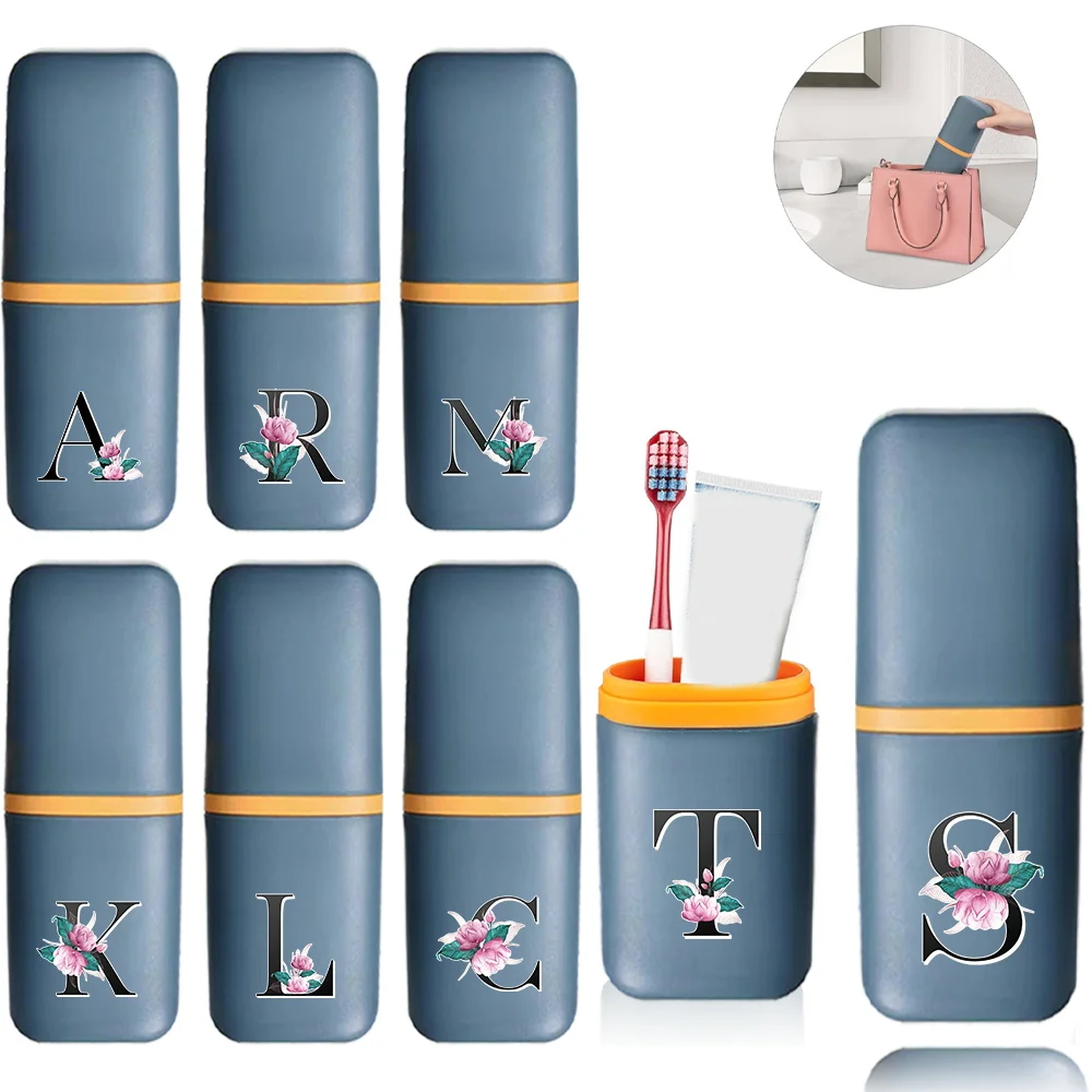 

Toothbrush Box Portable Detachable Organizer Case Mouthwash Cup Travel Toothbrush Storage Container Whitemarble Letter Pattern