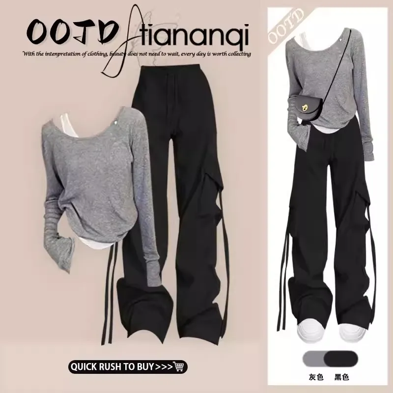 Spring and Summer Hot Girl Fake Two Irregular Short Tops+high Waist Casual Wide Leg Work Pants Two-piece Set