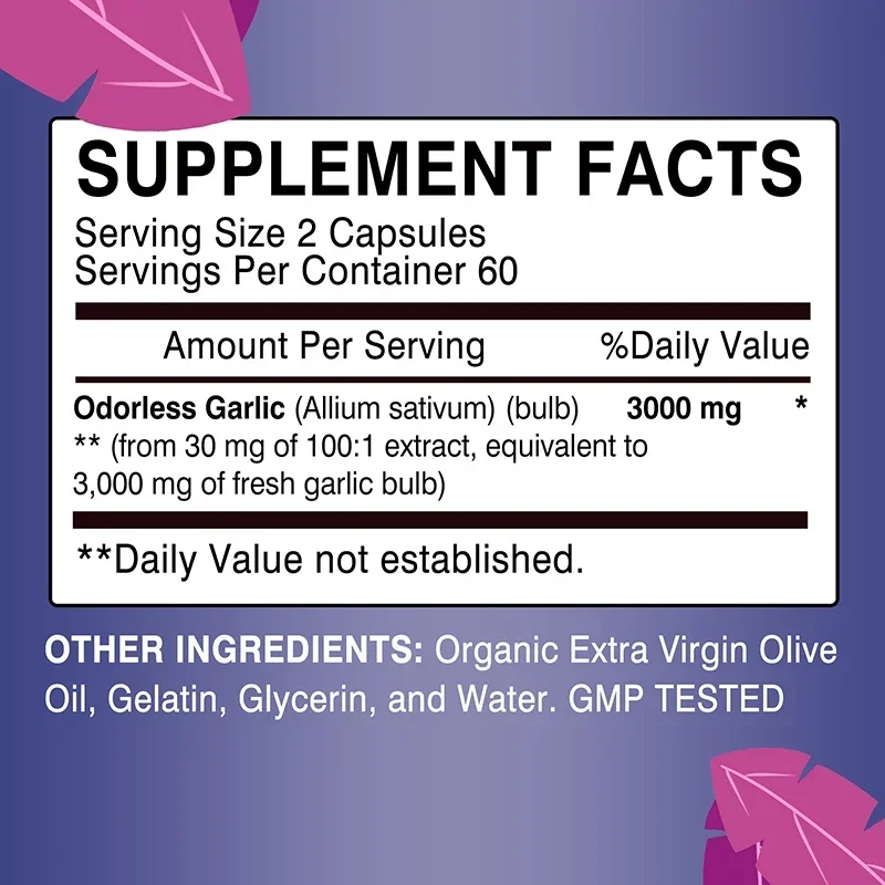 Odorless Pure Garlic 3000mg - Supports Immune and Circulatory System Health, Promotes Heart Health, and Antioxidant Properties