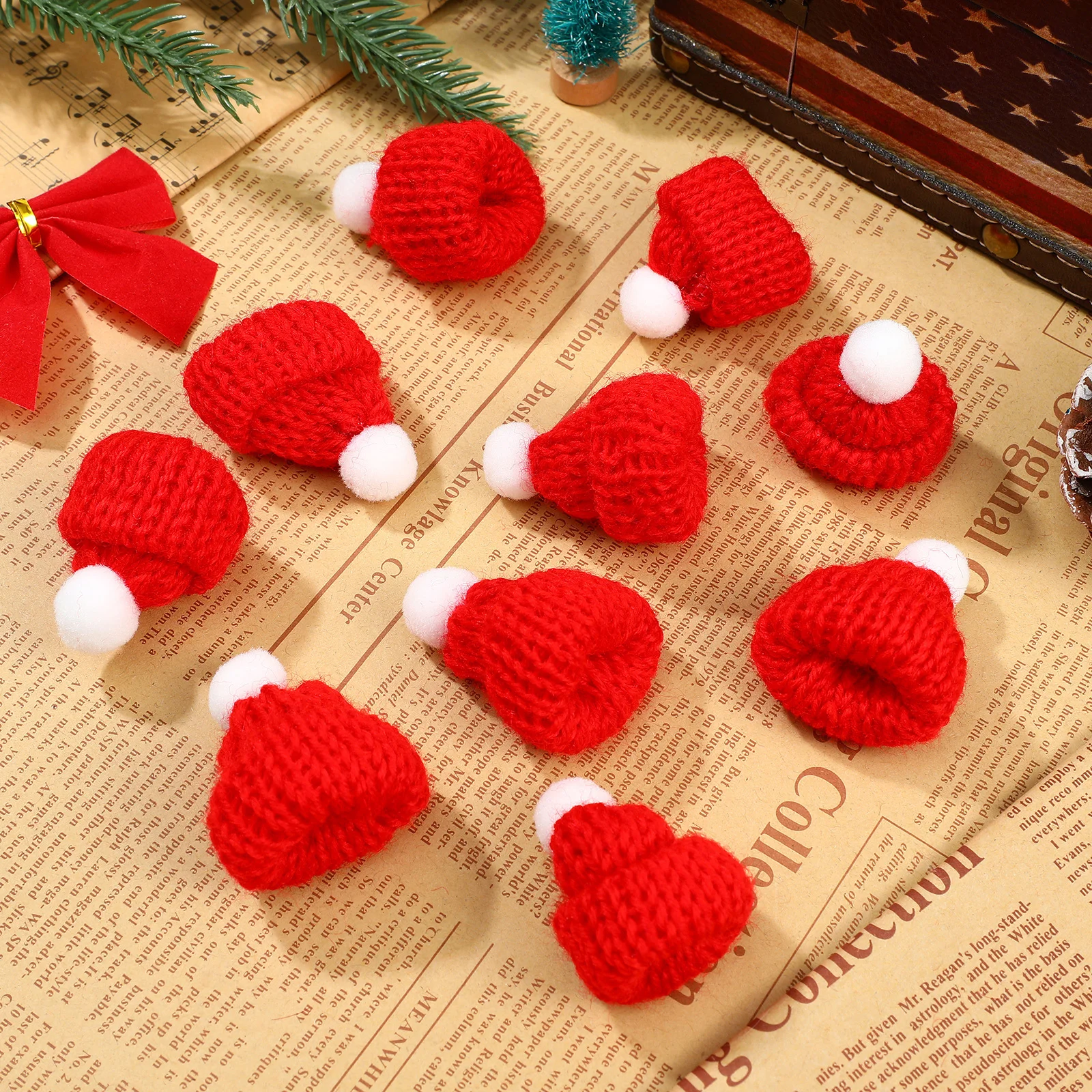

10Pcs Small Santa Hat Christmas Decorations Handmade Knitted Caps for Pet Hamster Wine Bottle Tree Topper Party Backdrop Props