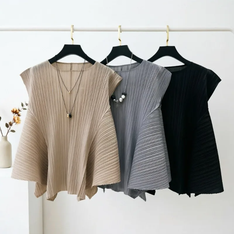 Miyake Pleated T-Shirt Summer New Simple Fashion Irregular Sleeveless Loose Casual Round Neck Women's Lightweight Stretch Top