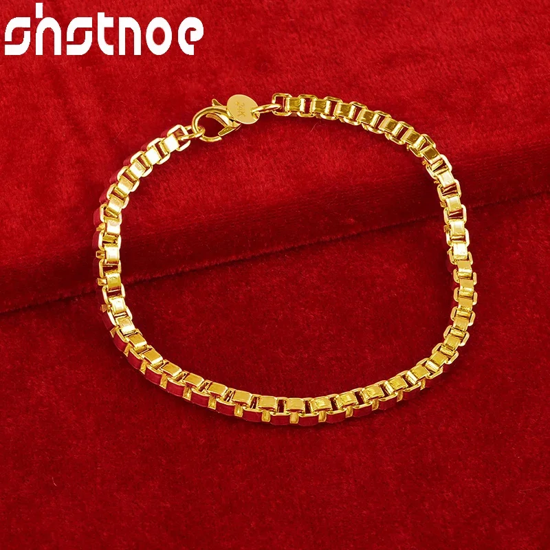 

SHSTONE 18K Gold 4mm Wide Box Chain Bracelets For Woman Men Fashion Party Wedding Engagement Charm Jewelry Christmas Gift