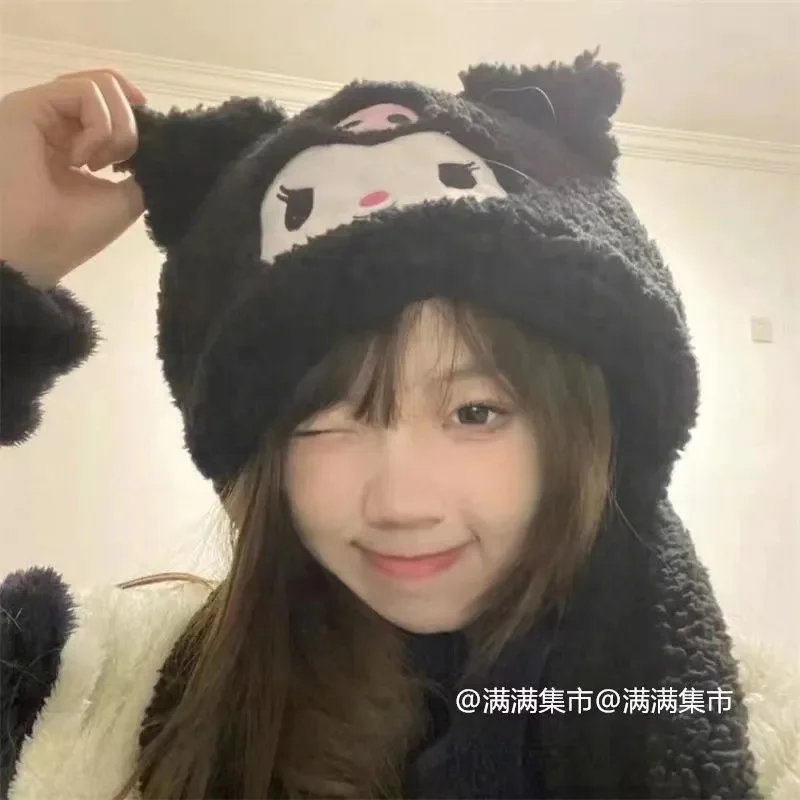 Sanrio Kuromi Scarf Hat Glove One Piece Cute Cartoon Plush Thickening Warm Anti-Cold All-In-One Hat Anime Toys for Girls Gift