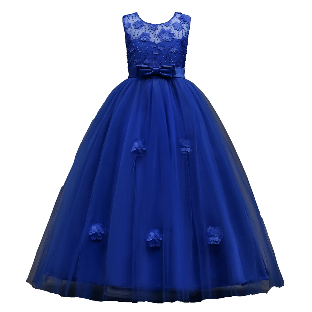 Royal Blue European and American Hot selling Children\'s Flower Dress Lace Sleeveless Flower Girl Princess Dress Girl Bow Dress