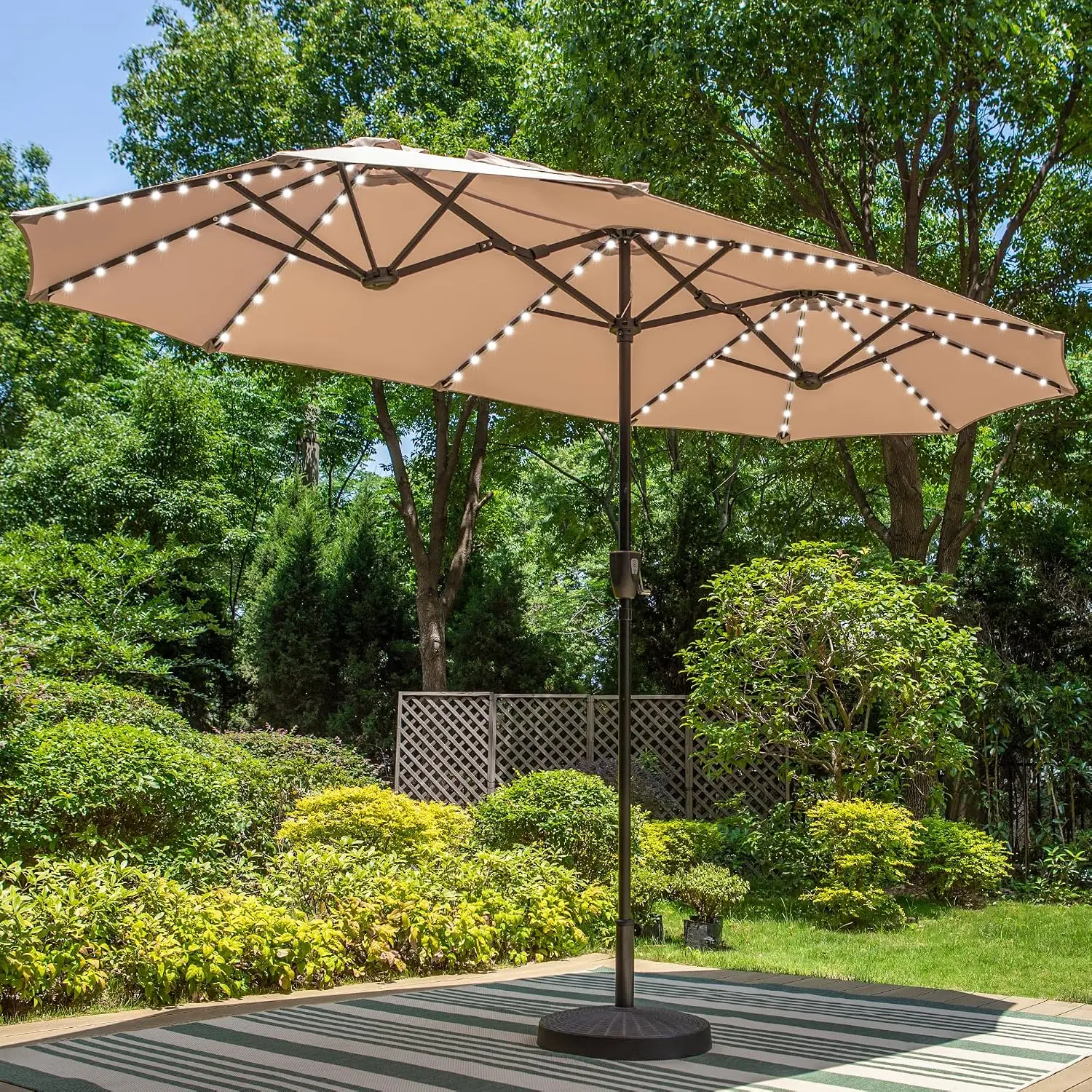 13ft Patio Umbrella w/ 120 PCS Color Changing Solar Lights, Beige | Outdoor Triple-Head Large Rectangle/Rectangular, Customized