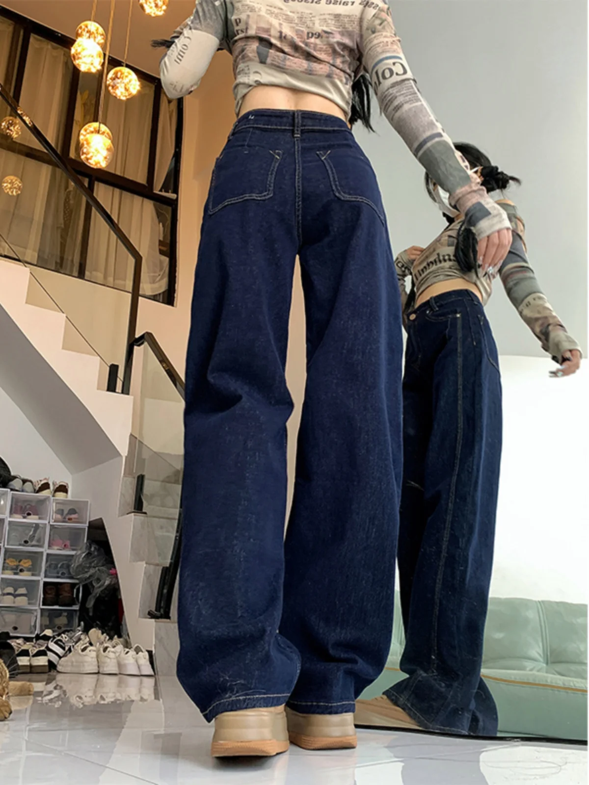 プラスサイズ カジュアル ハイウエスト ワイドレッグジーンズ レディース ブーツカットデザイン ゆったり ルーズフィット デニムパンツ 秋新作 スタイル アメリカンスタイル