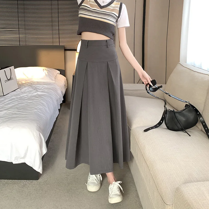 Plus Size Plump Girls High Waist Pleated Gray Suit Dress Pear Shapes Wear Matching Skirt Female Slimming Pleated Skirt