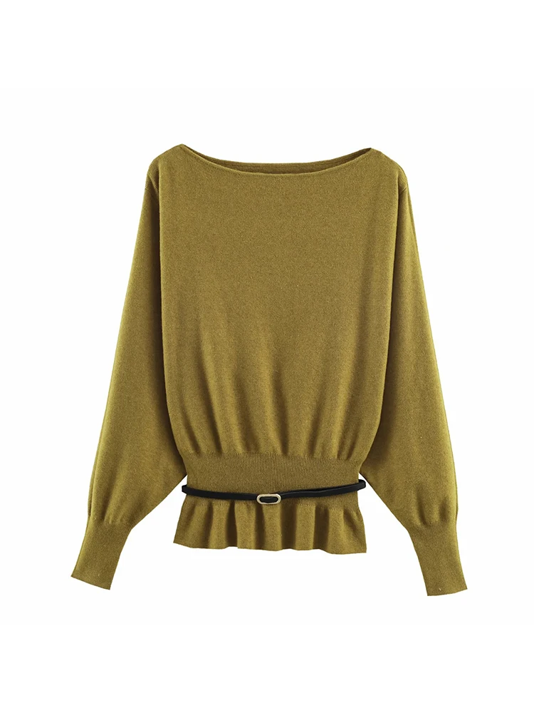 여성용 풀오버 스웨터 빈티지 패션 의류 벨트 풀오버 긴 소매 니트웨어 캐주얼 여성복
