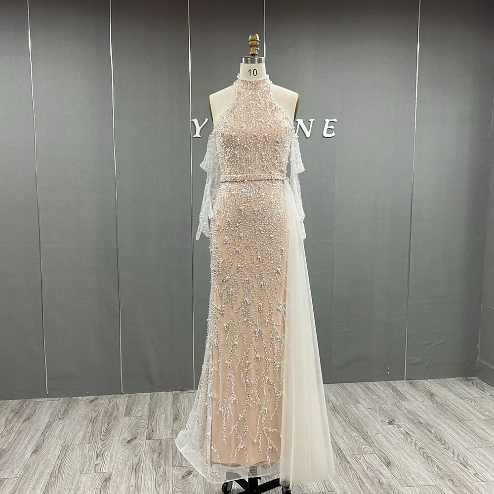 YQLNNE Elegant Nude High Neck Pearls Beading Evening Dress with Gloves Long Mermaid Prom Party Gown Removable Skirt