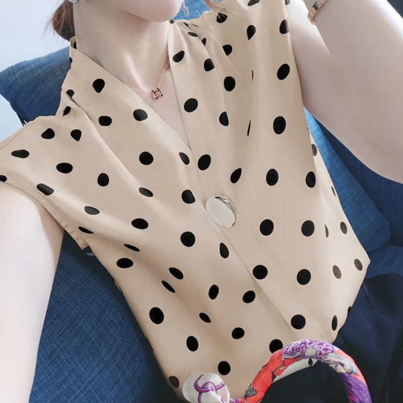 French Style Fashion Polka Dot Original Design Chiffon Sleeveless Shirt Summer New Loose Slimming Casual Elegant Women\'s Top