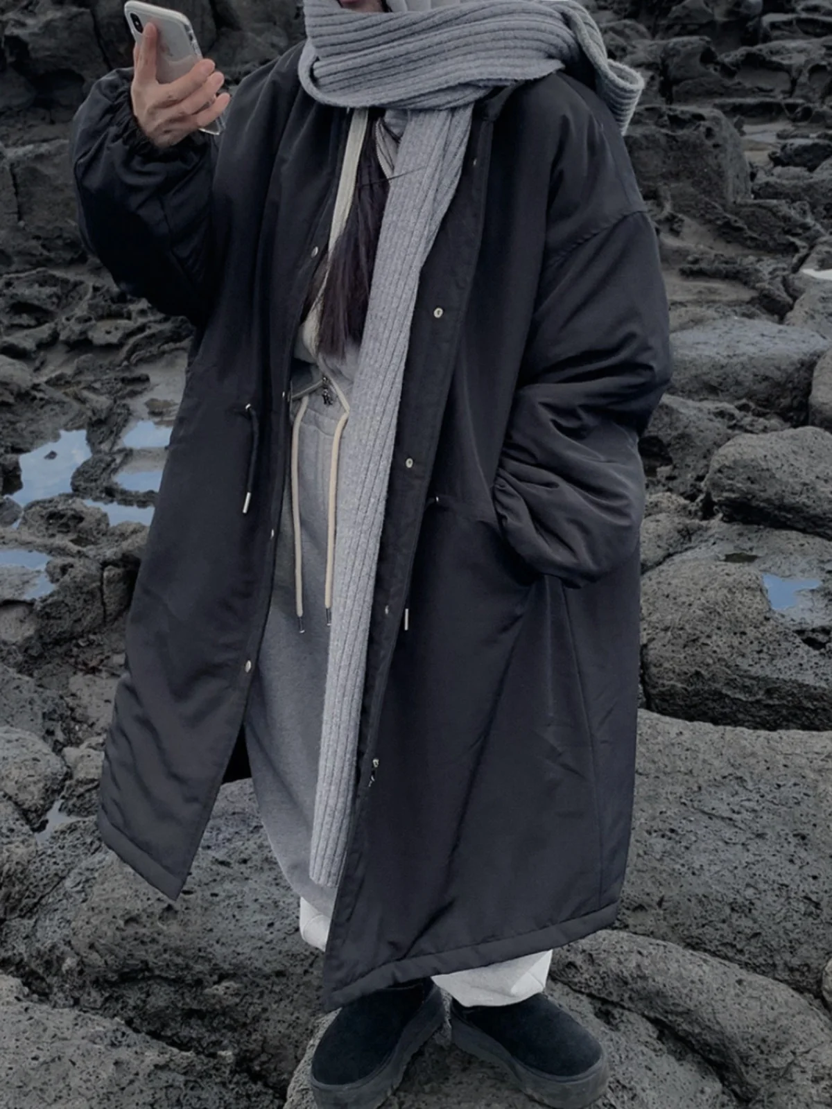 

Chic Winter Women's Long Cotton Jaet Coat Dstring Warm Outerwear Loose Fitting Parka Korean Sle Commute Faion