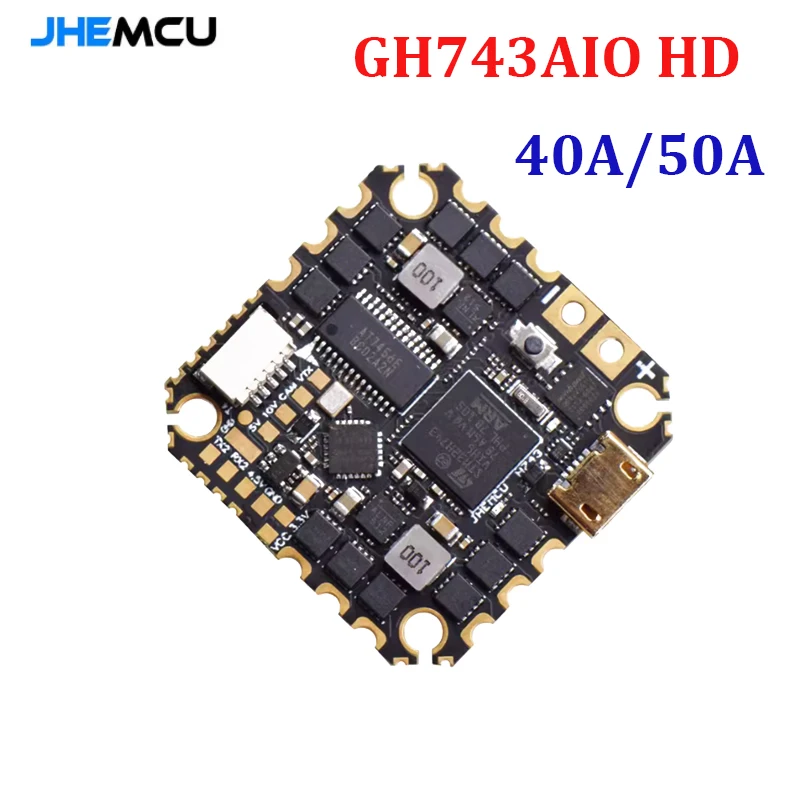 JHEMCU GH743AIO-HD Flight Controller ICM-42688-Px2 5V/2.5A BEC Baro OSD 128MB AM32 40A 3-6S 4in1 Brushless ESC for RC FPV Drone