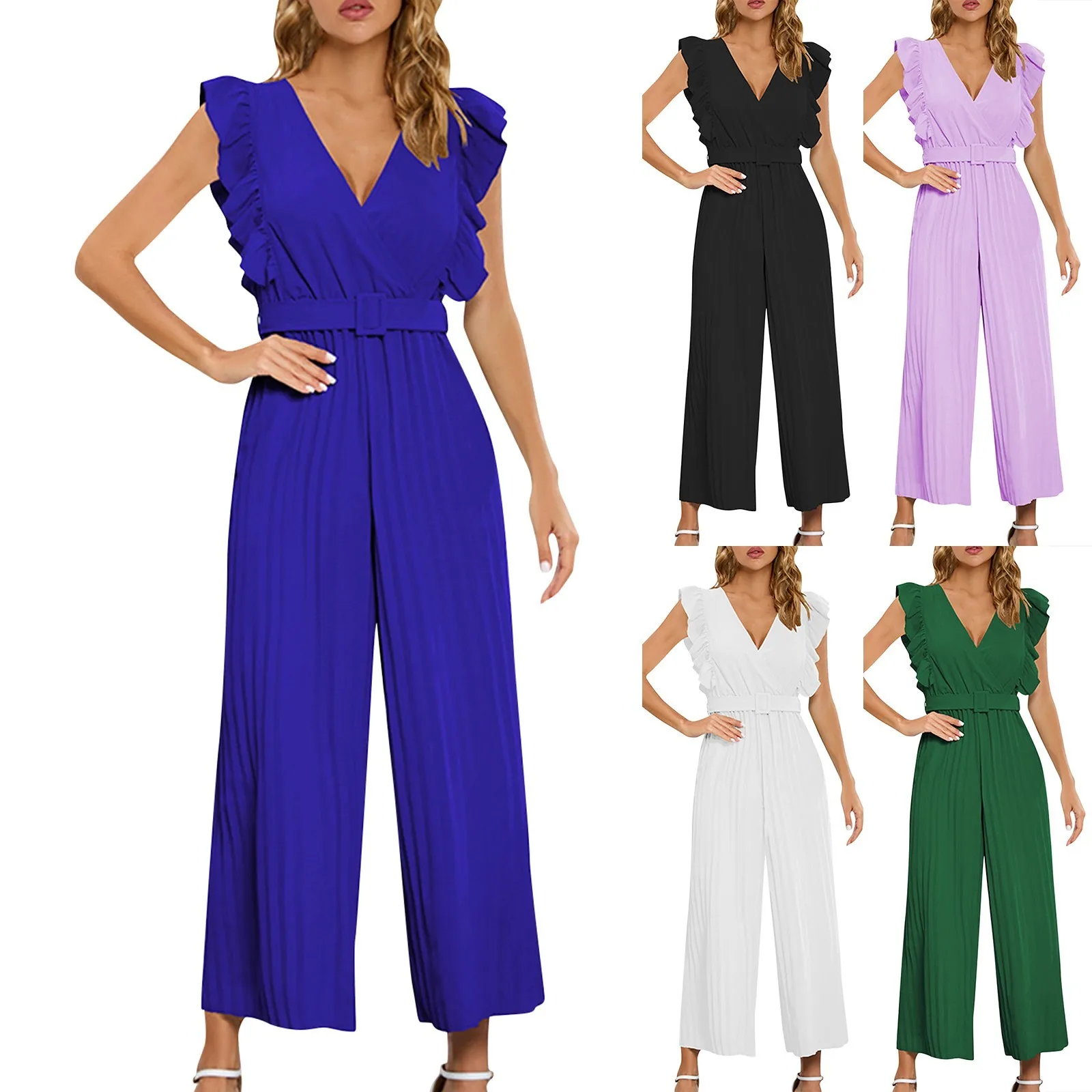 Fashion Womens Jumpsuits High Waist Sleeveless Ruffle Sleeves V Neck Pleated Wide Leg Jumpsuits Summer Thin Comfy Jumpsuits