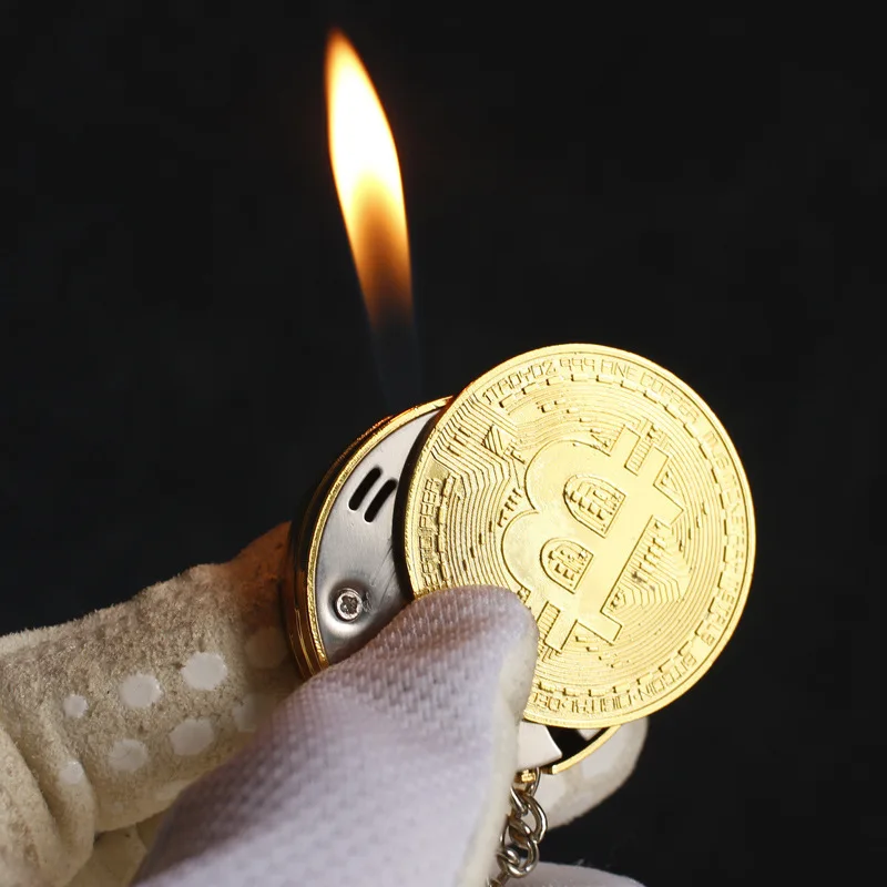 Creative Bitcoin Shaped Torch Lighter with Keychain Refillable Butane Gas Lighters Smoking Cigarette Accessory & Unique Gift