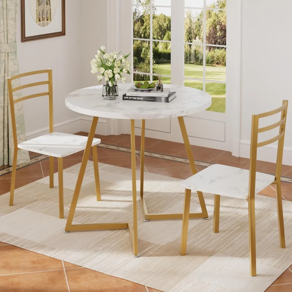 

Small Round Dining Table Set for 2, Wood Tabletop with Strong Metal Frame, Modern Dinette with Chairs, Customized