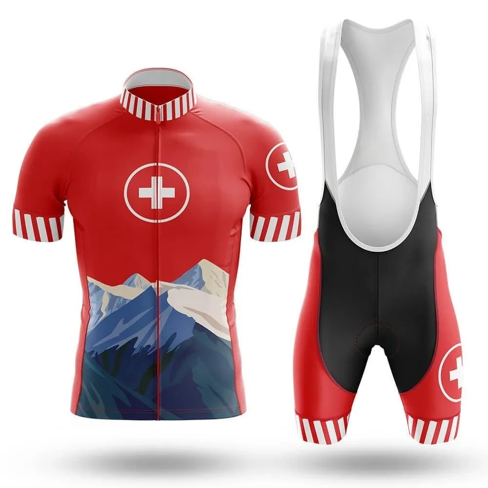 Swiss Red Cycling Jersey Set for Men, Gradient Mountain Bike Tracksuit, Summer Sportswear, 2024