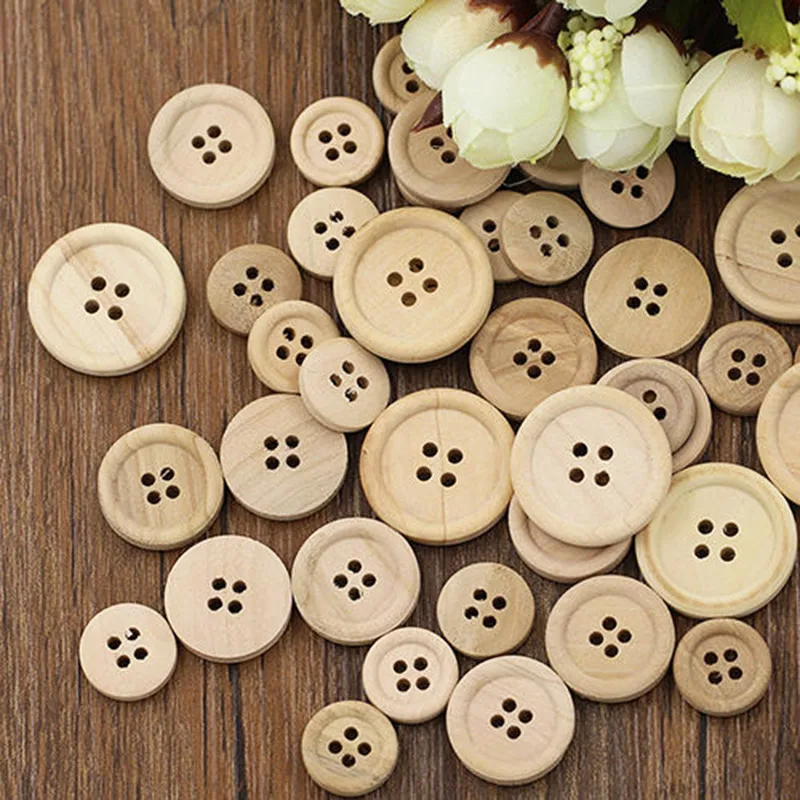 100pcs 15/20/25mm 4-Holes Nature Color Wooden Buttons For Craft Round Sewing Button Scrapbook DIY Home Decoration Accessories