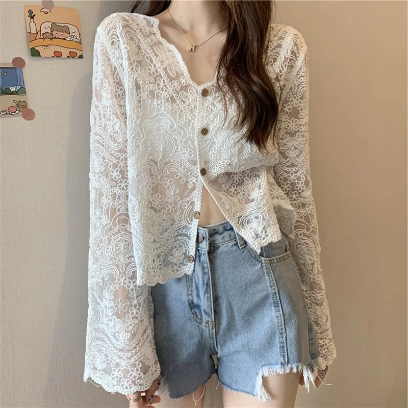 Super Immortal Sunscreen Clothes for Women 2024 New Summer Thin Loose Mesh Hollow Cover Up Lace Shirt Shawl Small Coat