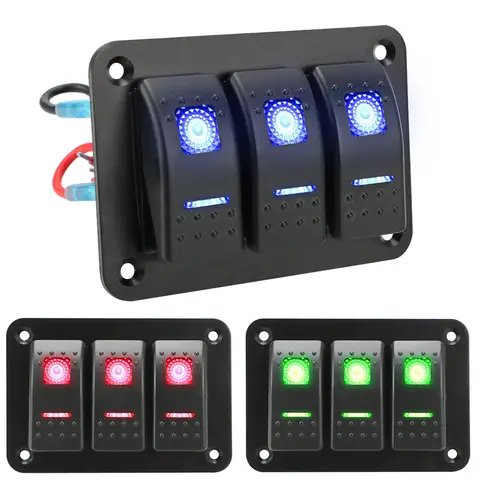 Car Truck Marine Ship Circuit Breaker 3 Gang Rocker Switch Panel With Icon Sticker Overload Protection ON/OFF Lights DC 12V/24V