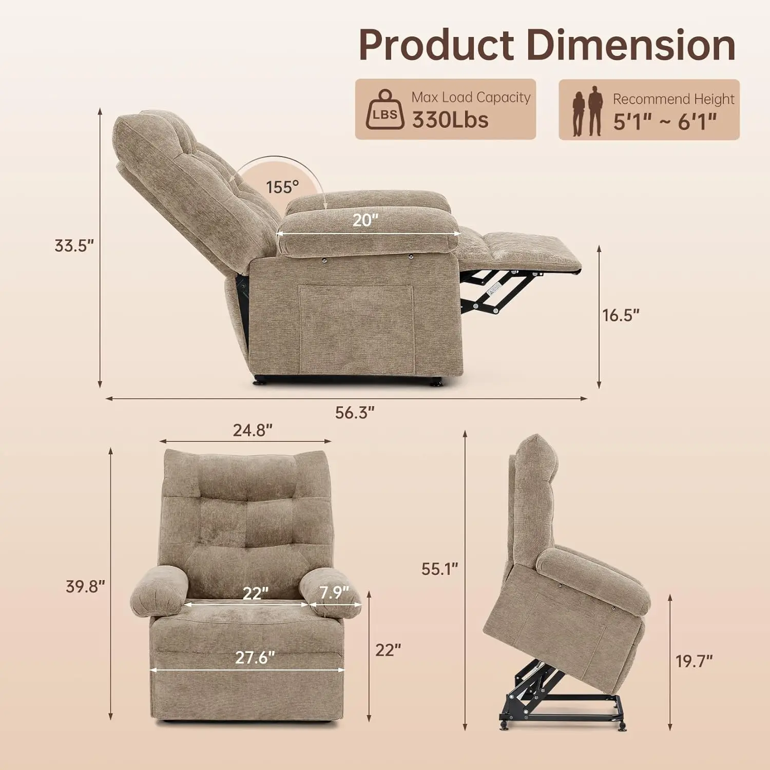 Lift recliner, infinite three motor lift chair, bracket assist, single sofa with side pockets in the living room, beige color