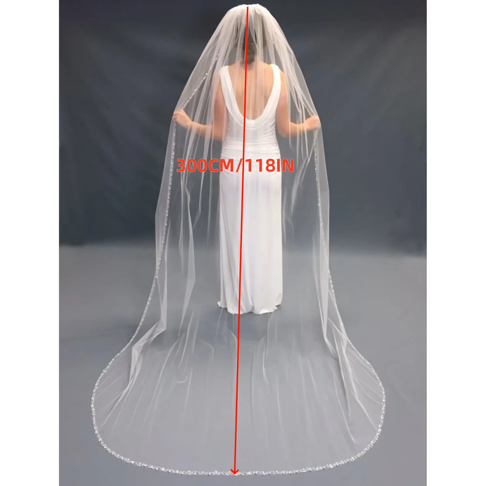 Luxury Cathedral Long Wedding Veil Crystal Organza Beaded Bridal Veil with Rhinestone Edge  1 Tier Soft Wedding Accessories G134 image 5