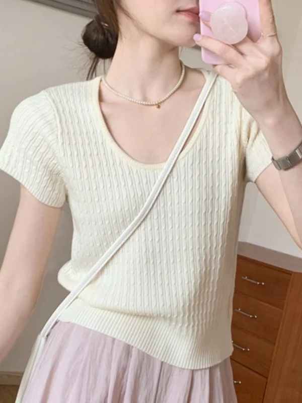

Korean Style U-Neck Knitted Short Sleeve T-Shirt Women Summer Slim Fit Short Length Top Show Clavicle Shoulder Bearing Shirt