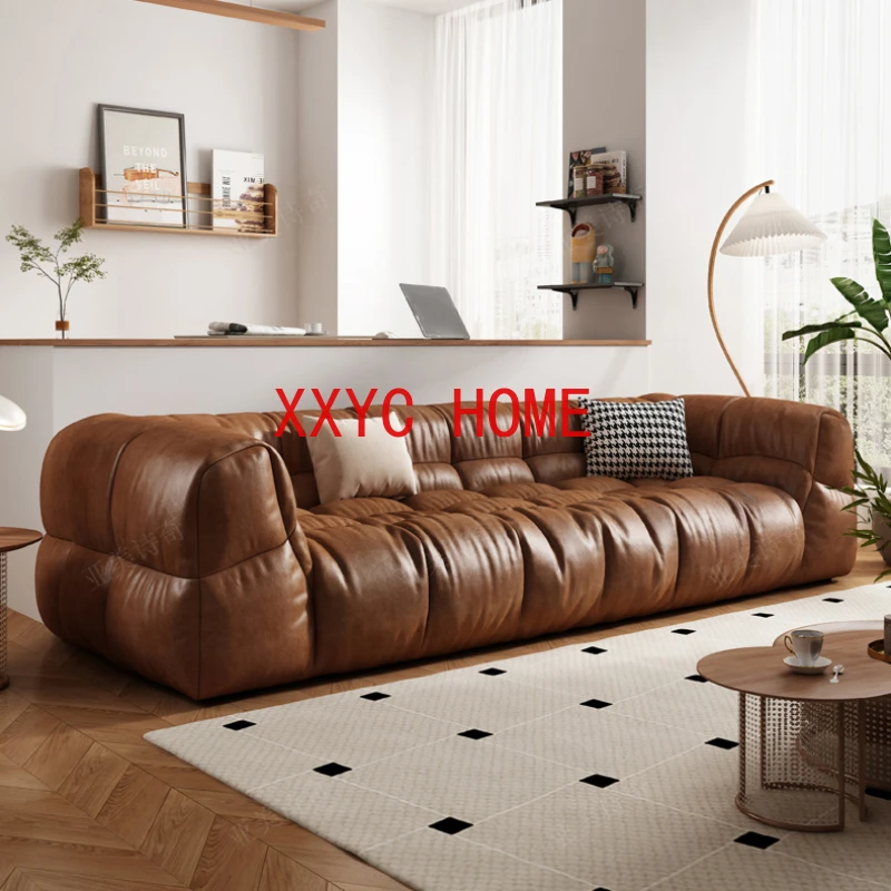 Living room small unit caramel brown leather retro cloud puff sofa