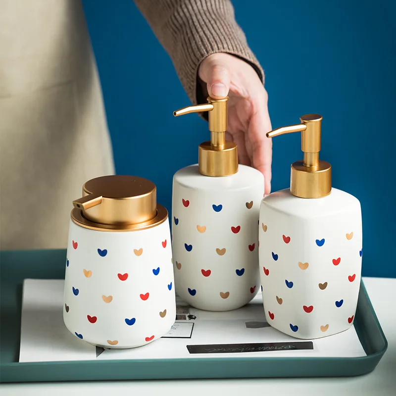 Cute Heart Print Soap Dispenser Ceramic Bathroom Accessories Hand Sanitizer Shampoo Body Wash Lotion Refillable Pump Bottle