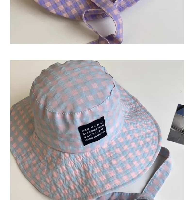 Ins Blogger Retro Plaid Tie Strap Eimer Hut Frauen Sommer Reise Vielseitig Fischer Hut Mädchen Mode Beliebte Breite Krempe Sonne Kappe – Detail 19