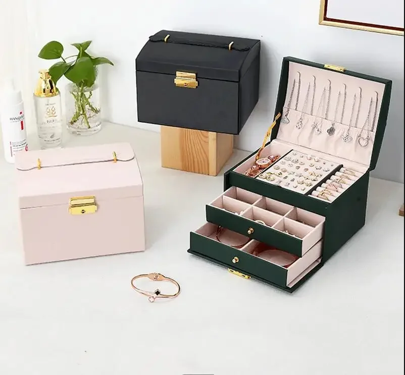 Three-layer Jewelry Box Leather Organizer Earrings Necklace Bracelet Ring Storage Tray Drawer