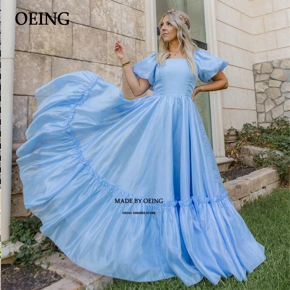 

OEING Baby Blue Puff Sleeves Evening Dress Stain Pleated Prom Gown Floor Length Dresses Formal Vestidos De Fiesta Abendkleider