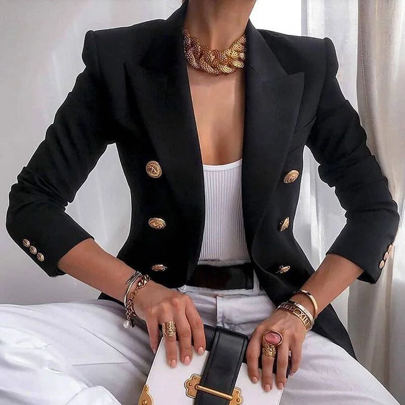 Women's Autumn Blazers New Solid Fashion Casual Suit Short Jacket Golden Button Lady Suit Comfortable Commuting Long-sleeved Top