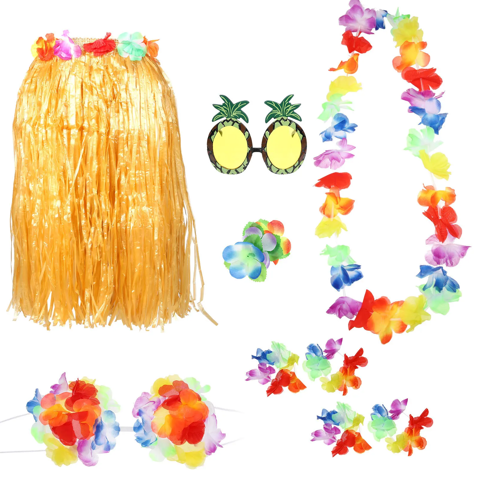 

1 Set Hawaiian Skirt Garland Bracelet Bikini Top Women'S Tropical Party Outfit For Luau Beach Events Grass Skirts Hula Costume