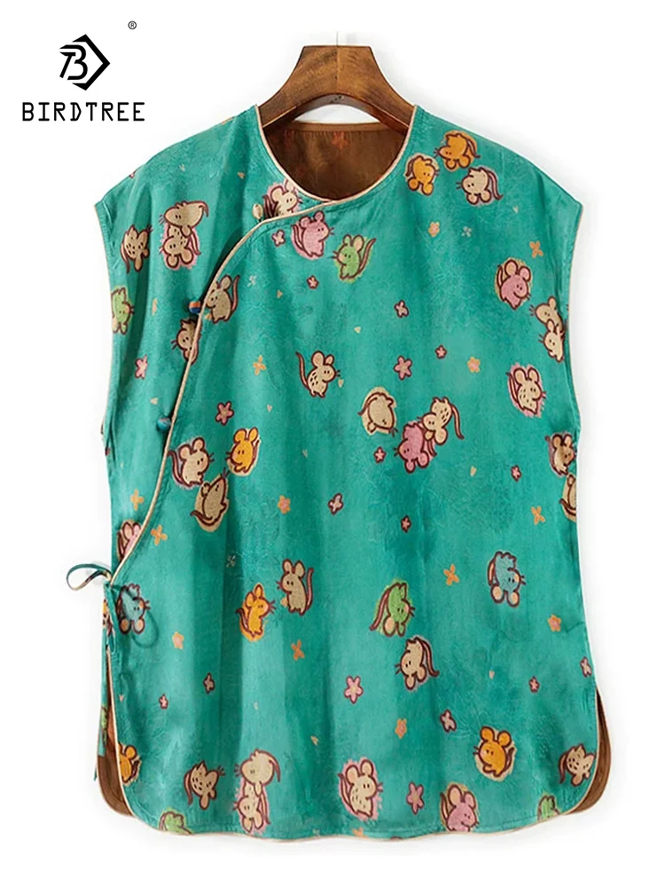 

BirdTree-35MM Silk Watered Gauze Elegant Vest, Women Stand Cartoon Jacquard, Sweet Casual Loose Tank Top, 2025 Summer T57459CC