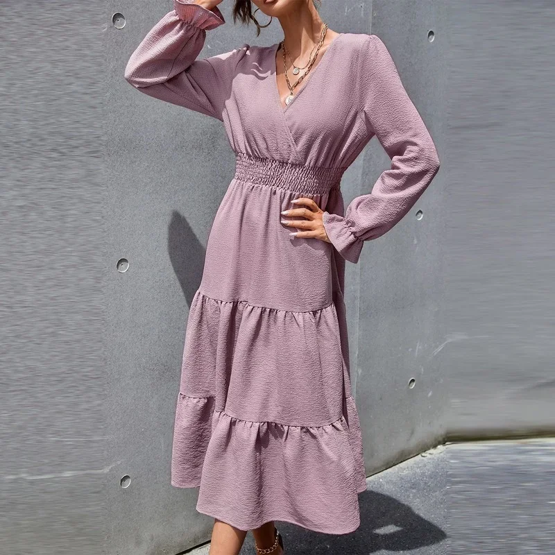 

2024 Autumn New Long-sleeved V-neck High-waisted Lotus Leaf Sleeve Women's Skirt Elegant Slim Slimming V-neck Mid-length Dress