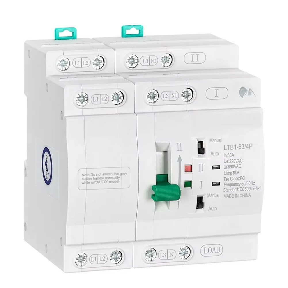 DIN Rail Mountable 4P 110V Automatic Transfer Switch for ATS Use with Manual Override 16A to 63A Current Ratings