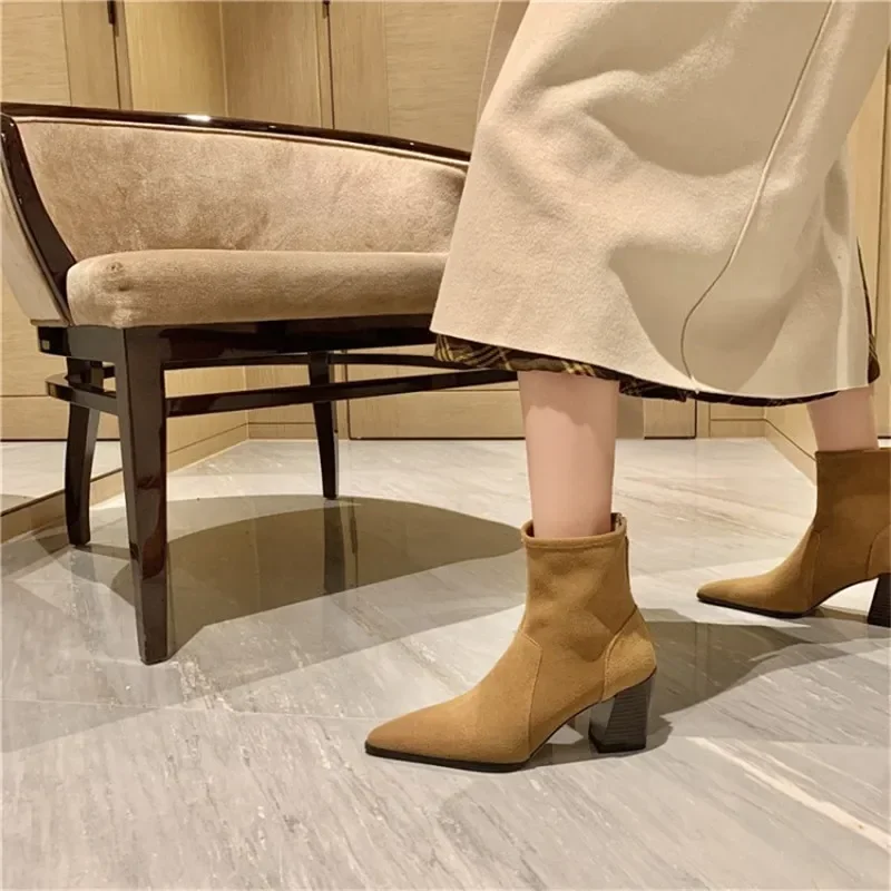 Spring/Autumn Women Boots Pointed Toe Chunky Heel Suede Leather Women Shoes Heel Height(5cm-8cm)Retro Solid Short Boots Ladies