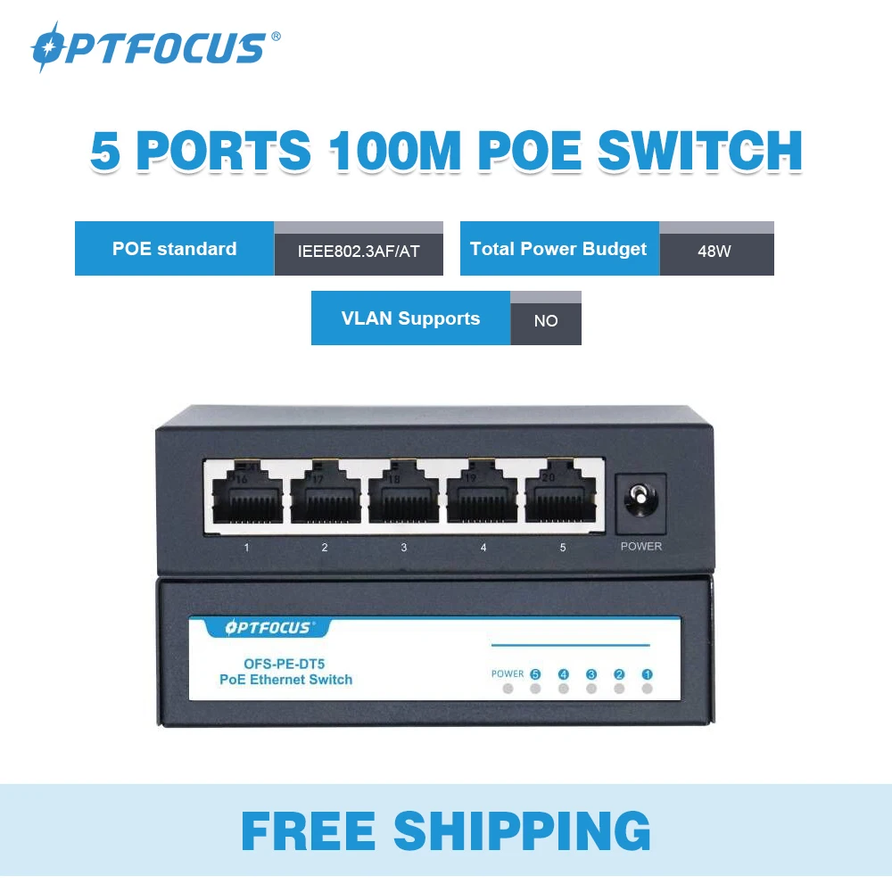 OPTFOCUS Free Shipping 48W POE Active Ethernet Switch 802.3af 802.3at ethernet hub splitter shunt power diverter deconcentrator