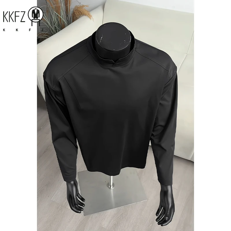 Mens Daily Wear Notched Mock Neck Long Sleeve Tee Solid Plain Fabric Loose Silhouette For Weekend Casual Gathering view 5