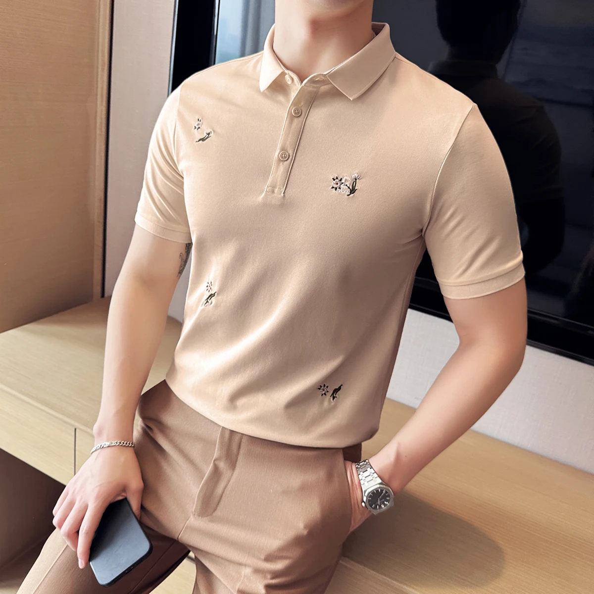 

High Quality Embroidery Flower Polo Shirts Summer Short Sleeve Casual Polo T-shirts Male Business Formal Social Polos Tee Tops