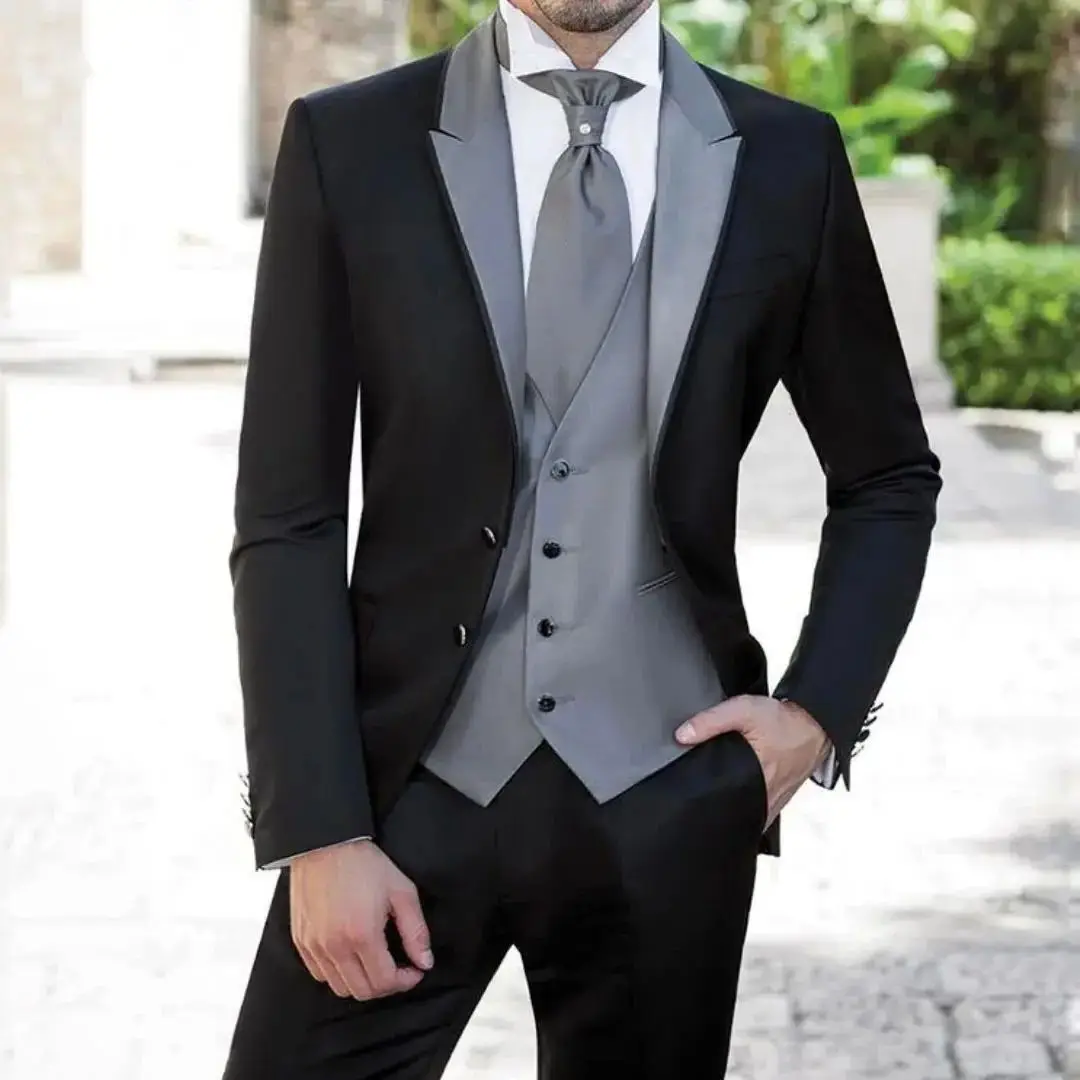 

Men Suit 3 Pieces Black With Gray Lapel Vest Single Button For Wedding Banquets Business Daily Tuxedos Suit Jacket Vest Pants