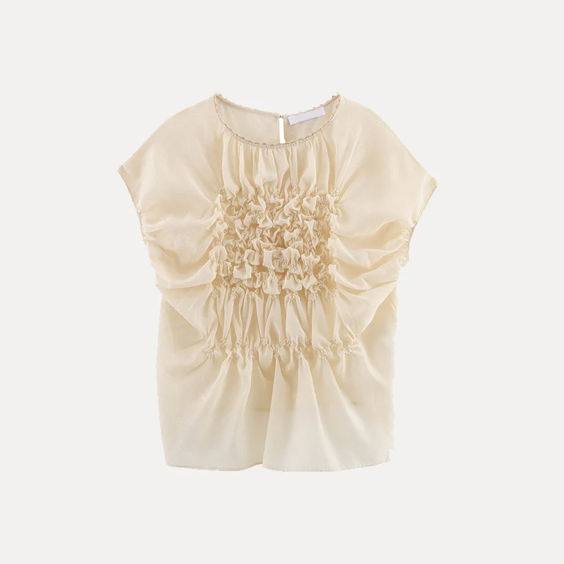 Spring 2025 Women's round Ne ort Sve Embroidered Flower Decorated irt Polyester Fiber 00% Versatile Sle Z