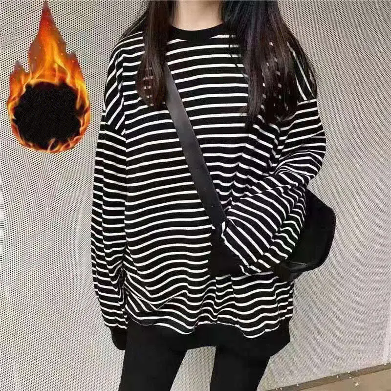 Sudadera clásica de manga larga a rayas para mujer, ropa de calle de gran tamaño, jerséis informales de lana para Otoño e Invierno