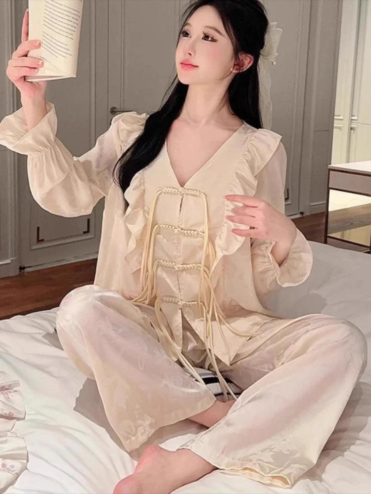 

Large Size Sleepwear Set with Button Design Casual Long Sleeve Long Pants Home Clothes Two Piece Set for Women Sweet Style
