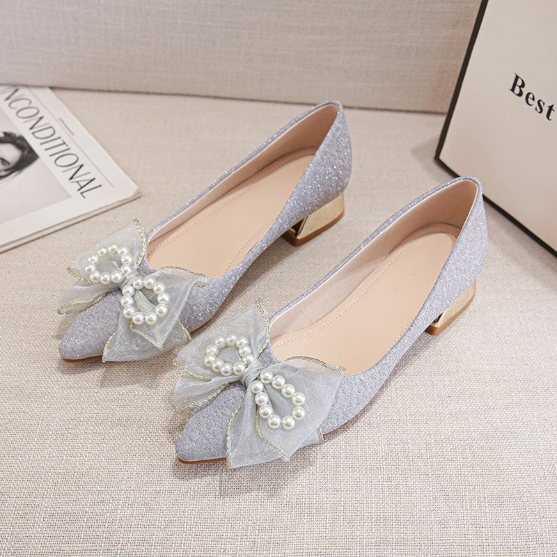 

Womens Pearl Bow New Arrival Pointed Toe Slip On Shoes Korean Style 3Cm Chunky Heel Pumps Apricot Color Elegant All Match Daily