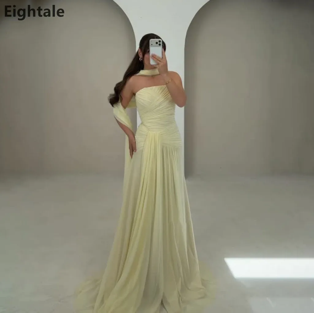 

Eightale 2026 Yellow Strapless Evening Dress Ruched Chiffon Neck Sash Floor Dubai Party Gown Formal Prom Dress Customized