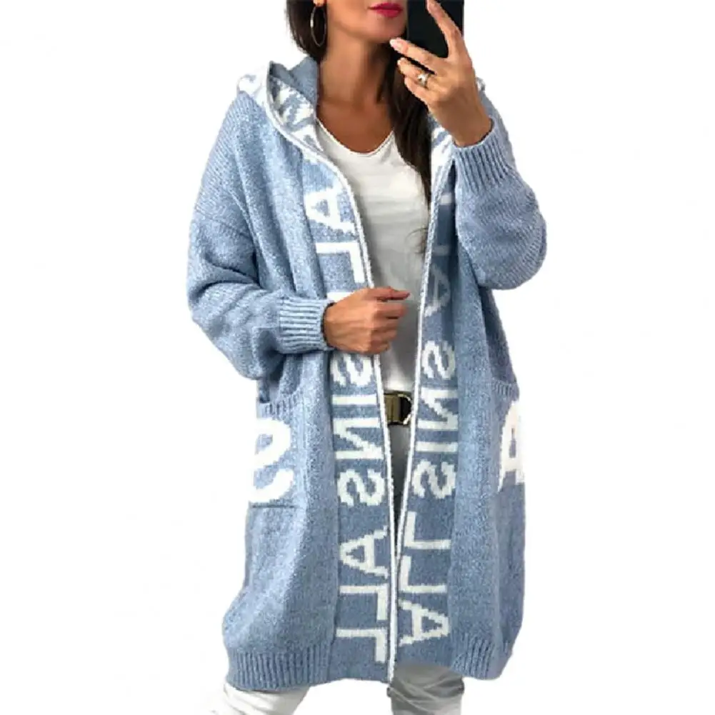 

Women Winter Autumn Hooded Sweater Coats Letter Pattern Knitted Thick Warm Long Sleeve Loose Long Jackets chaquetas para mujeres