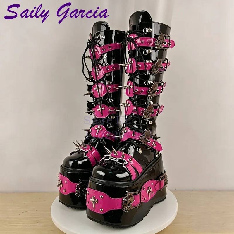 Skull Rivet Punk Knee-high Boots Round Toe Patchwork Belt Strap  Platform Boots 2026 Summer Side Zipper Lolita Women Party Shoes view 6